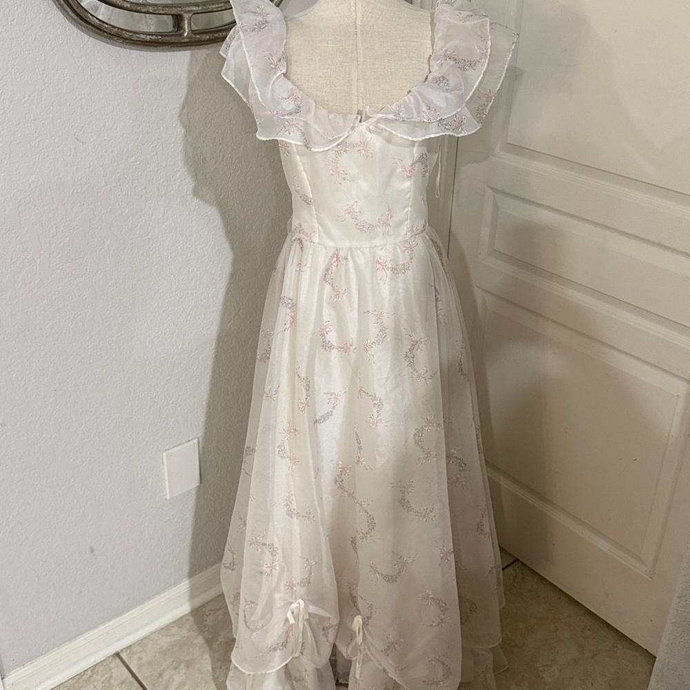 Women’s Maxi Ruffle Neck Dress in White with Pink Accents